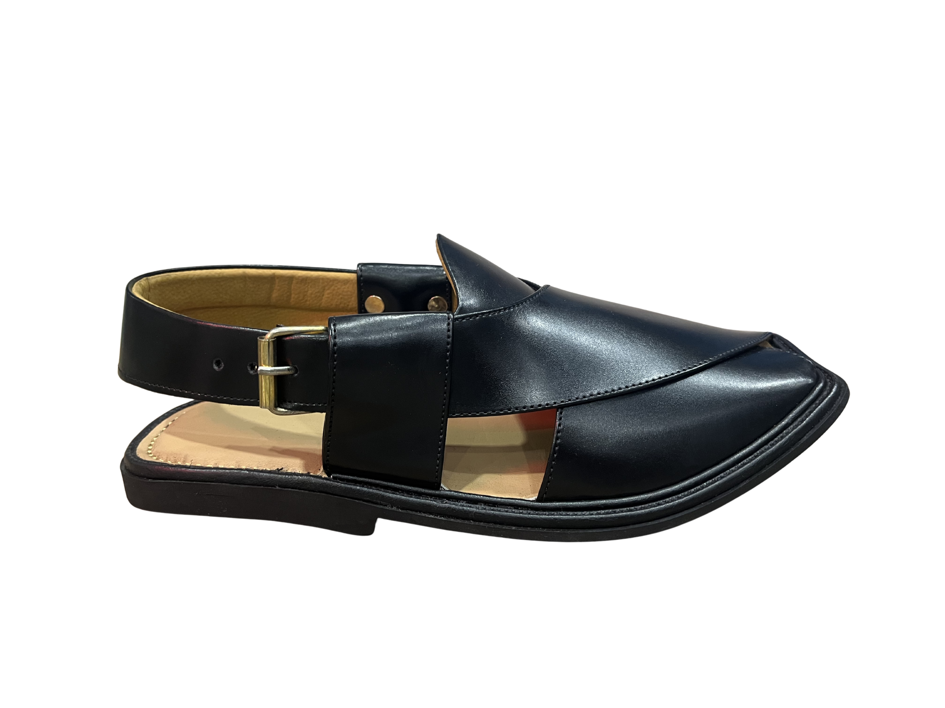 Royalfitters Premium Black Charsadda Chappal — Gold Buckle Leather